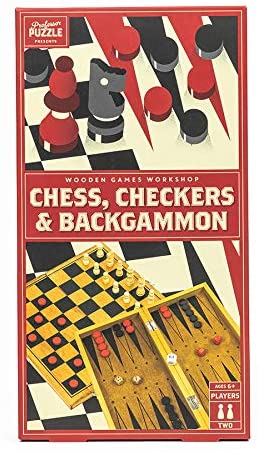 Professor Puzzle Wooden 3-in-1 Game Set - Chess, Checkers & Backgammon In Portable Wooden Case