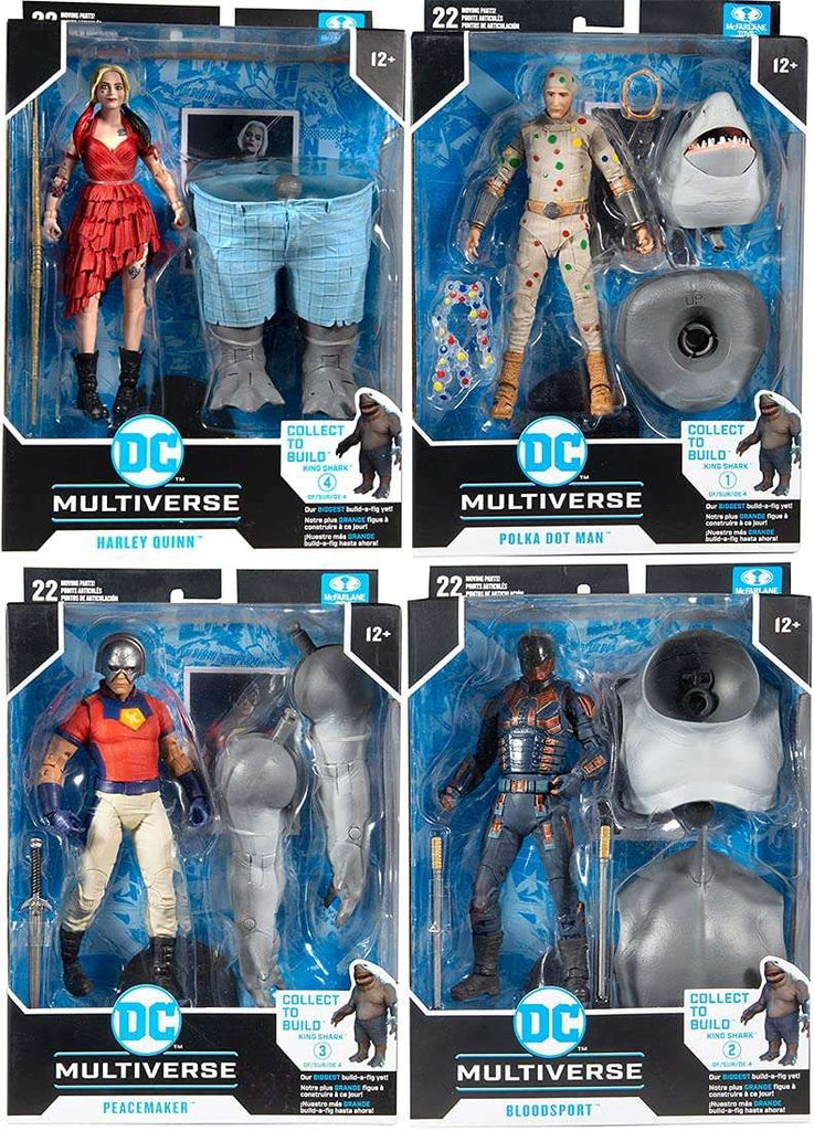 DC Multiverse Suicide Squad Movie Build-A King Shark - Set of 4 (Harley Quinn, Bloodsport, Peacemaker, Polka Dot Man) 7 Inch Action Figure - figurineforall.ca